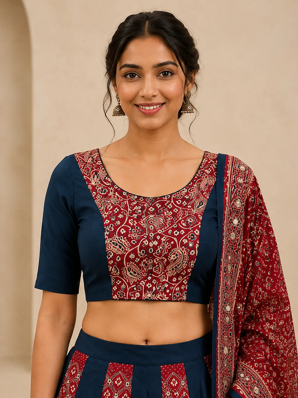Navy Blue and Maroon (Elephant applique embroidery, Real Mirror) Lehenga, Blouse with Maroon Ajrakh-style Dupatta