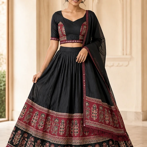 Black and Maroon (Broad Boarder, Real Mirror) Lehenga, Blouse with Dupatta