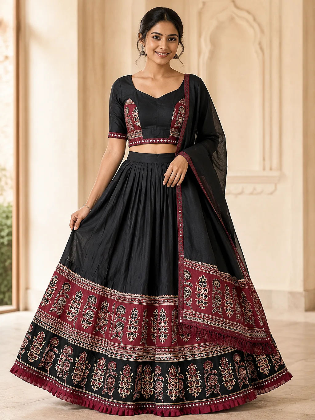 Black and Maroon (Broad Boarder, Real Mirror) Lehenga, Blouse with Dupatta