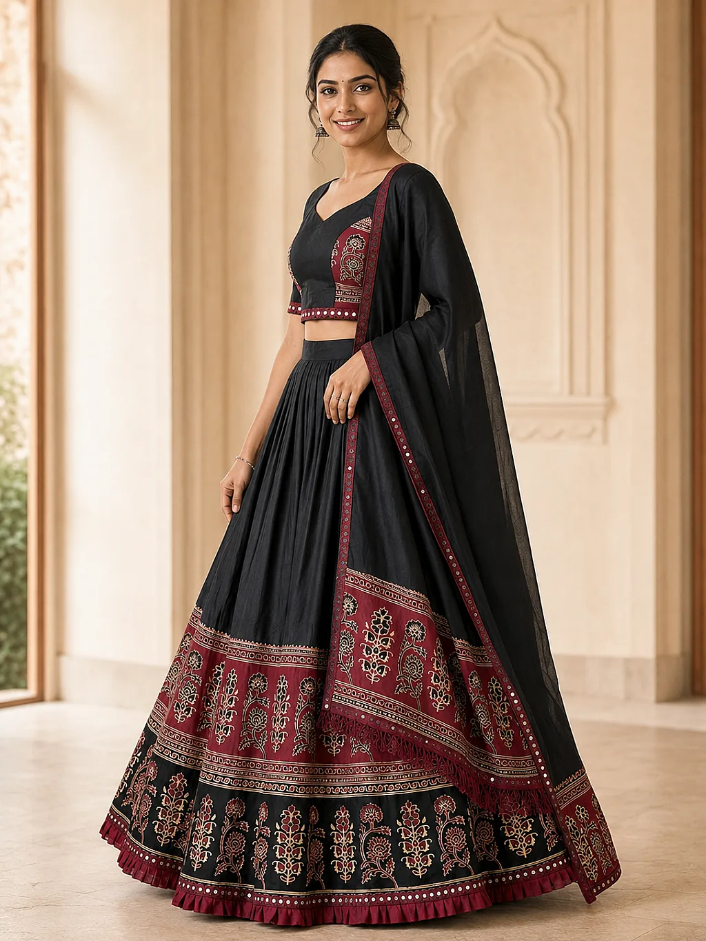 Black and Maroon (Broad Boarder, Real Mirror) Lehenga, Blouse with Dupatta