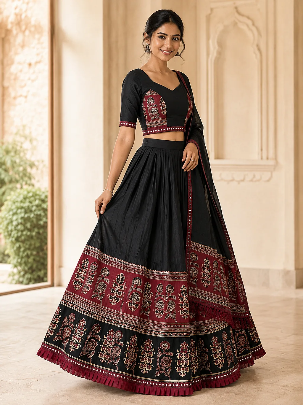 Black and Maroon (Broad Boarder, Real Mirror) Lehenga, Blouse with Dupatta