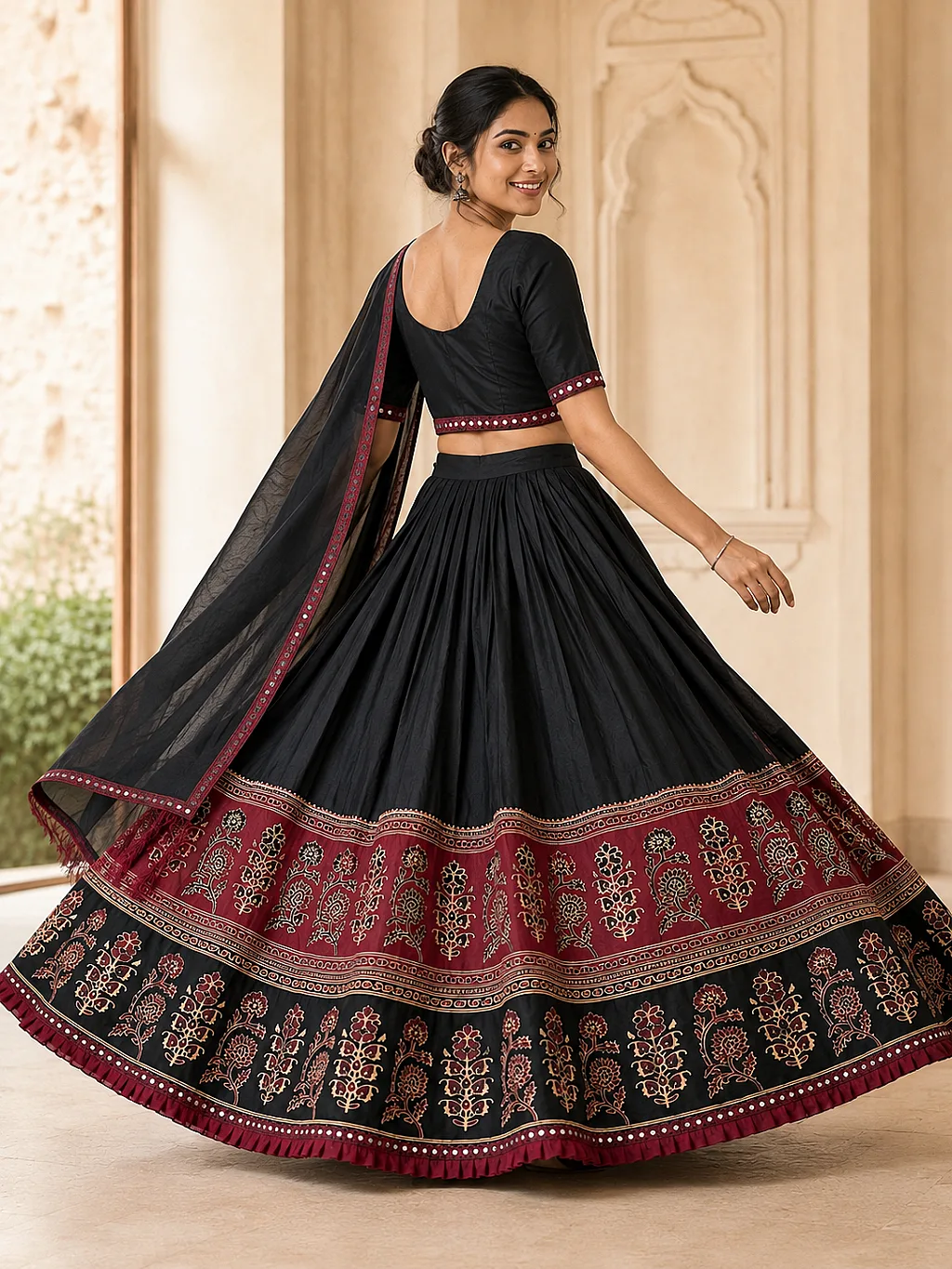 Black and Maroon (Broad Boarder, Real Mirror) Lehenga, Blouse with Dupatta