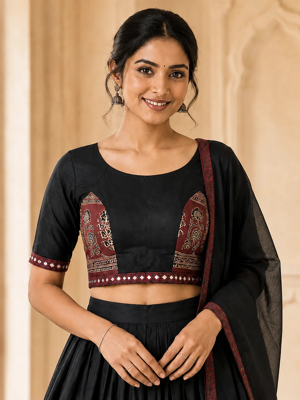 Black and Maroon (Broad Boarder, Real Mirror) Lehenga, Blouse with Dupatta