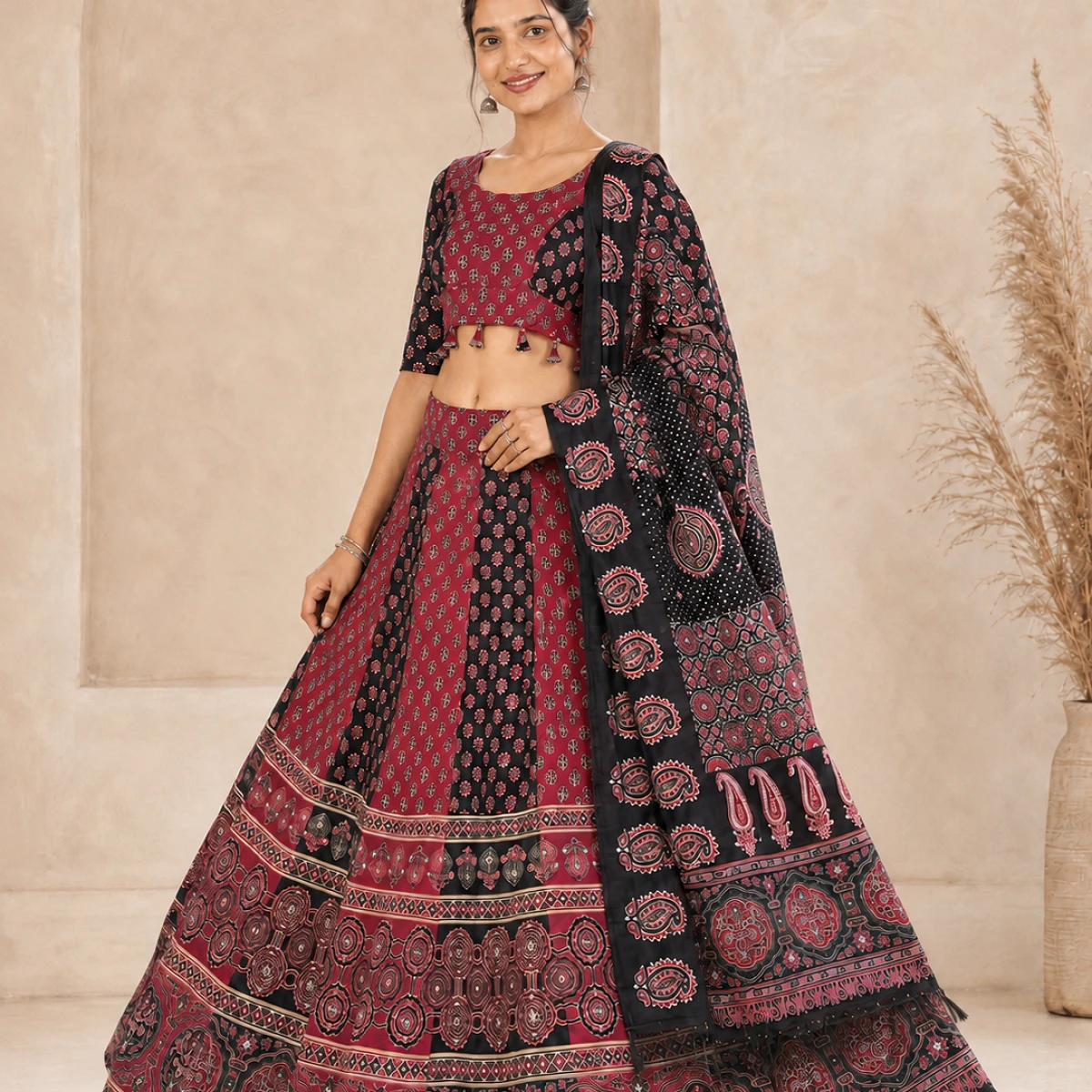 Maroon & Black Ajrakh Lehenga Choli with Dupatta