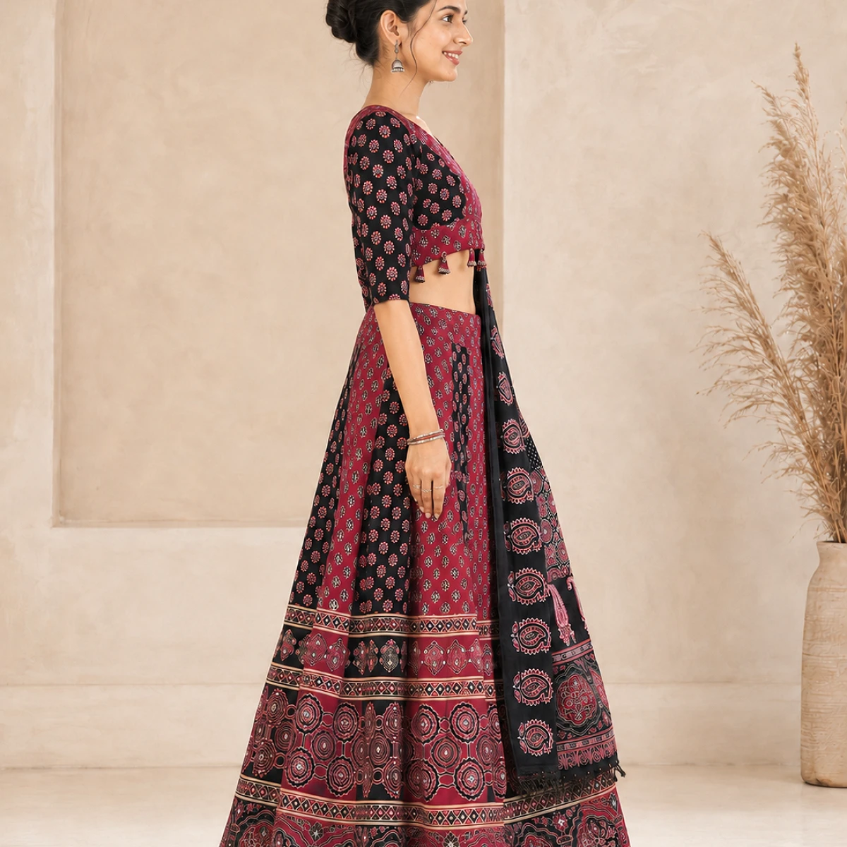 Maroon & Black Ajrakh Lehenga Choli with Dupatta