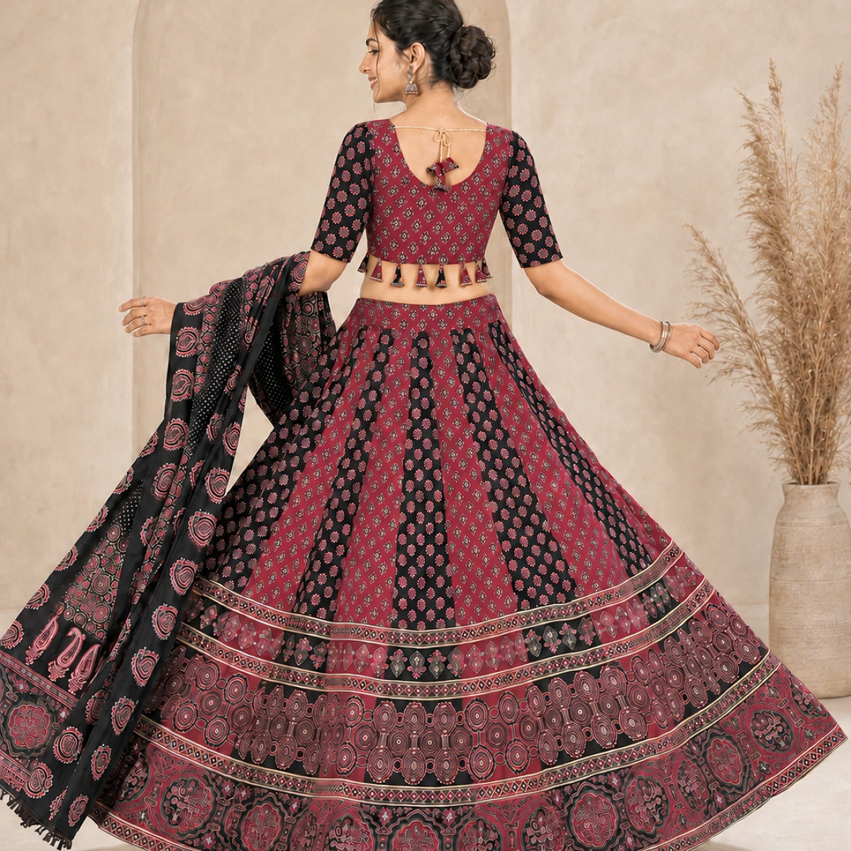 Maroon & Black Ajrakh Lehenga Choli with Dupatta