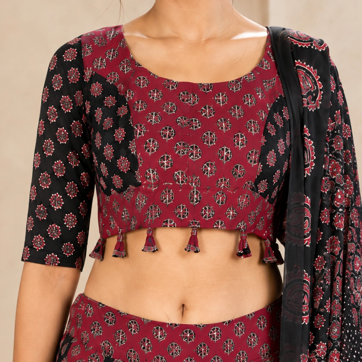 Maroon & Black Ajrakh Lehenga Choli with Dupatta