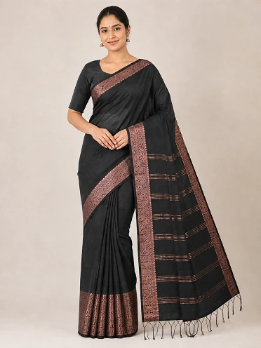 Black and Bronze handloom linen Saree