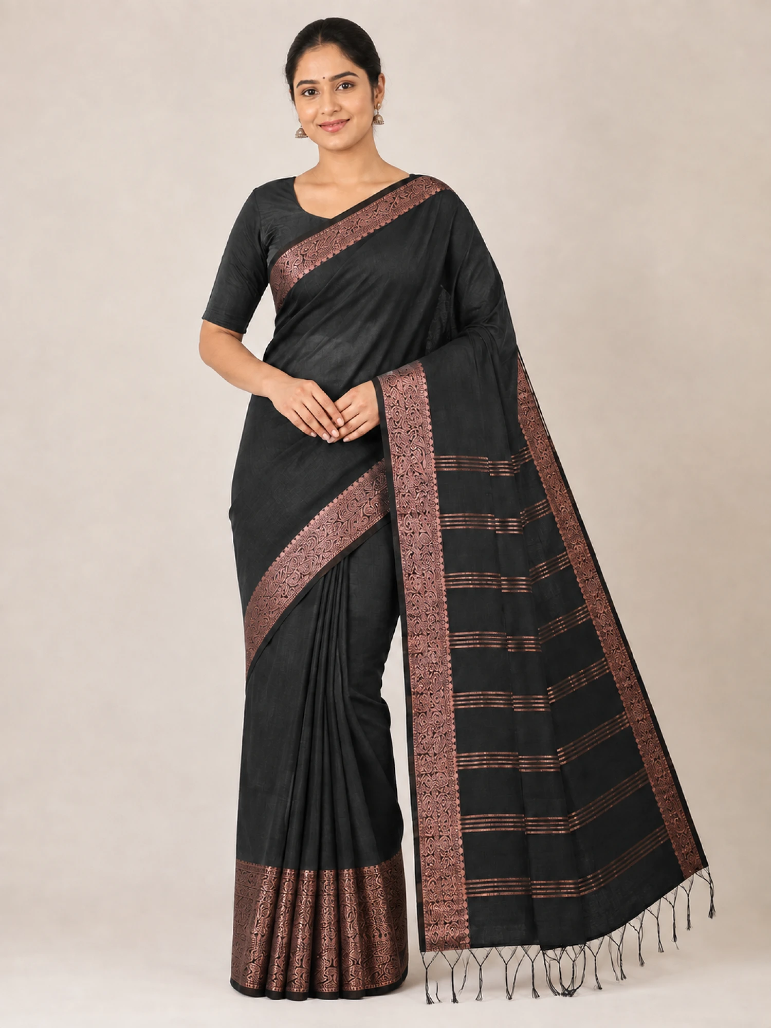 Black and Bronze handloom linen Saree