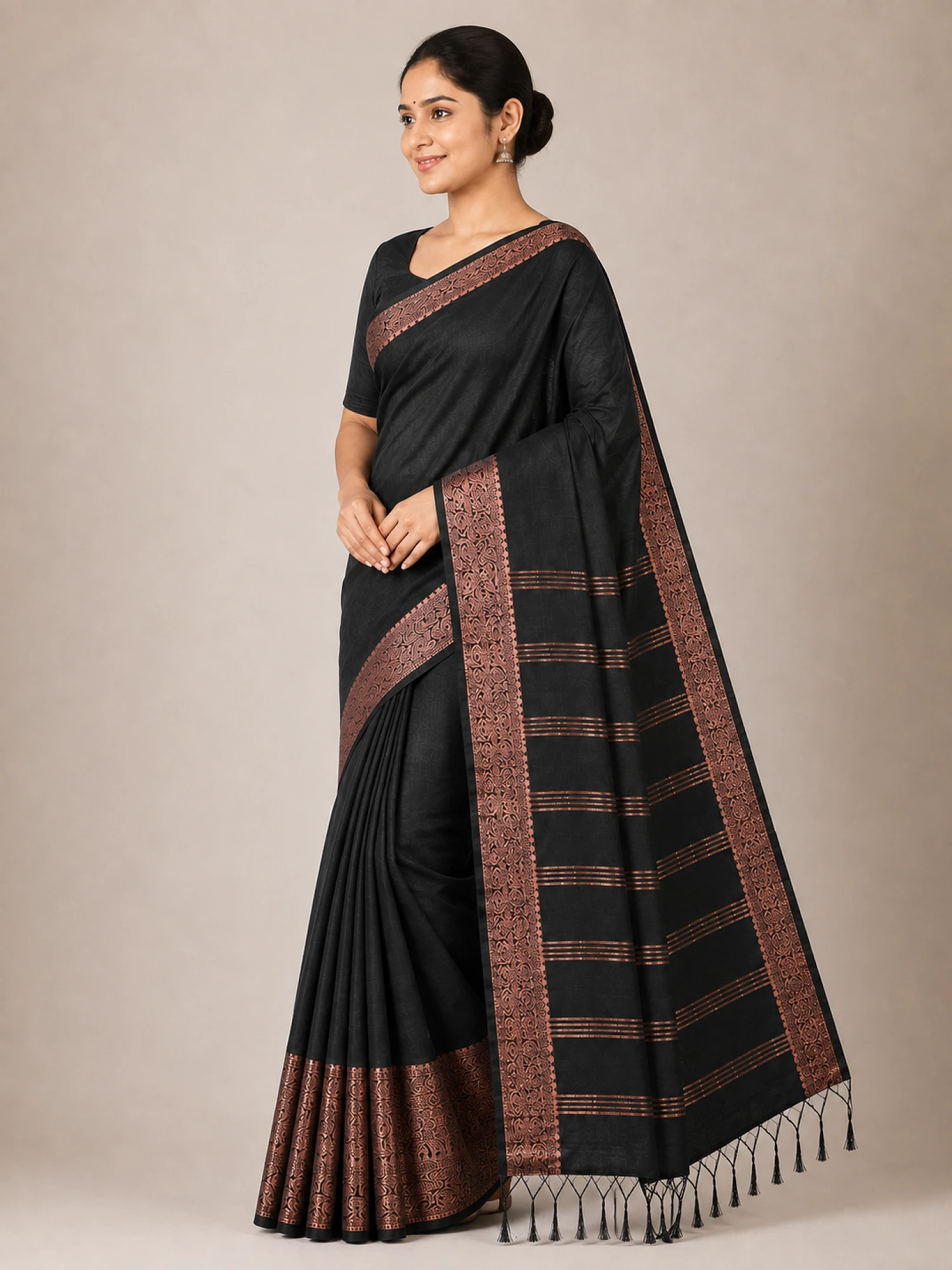 Black and Bronze handloom linen Saree