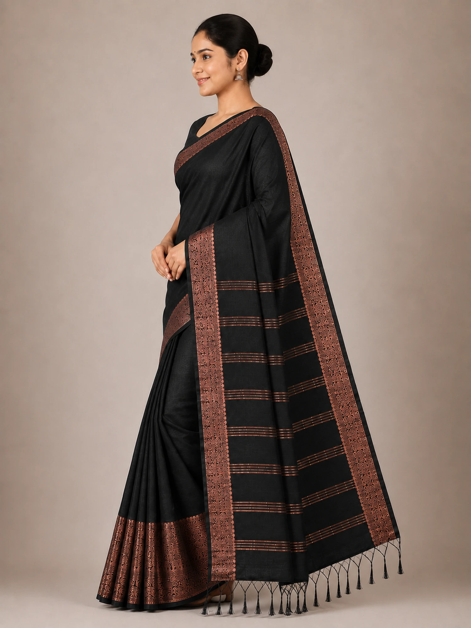 Black and Bronze handloom linen Saree