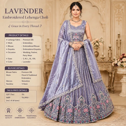 Khodal Creation Women’s Lavender Embroidered Lehenga Choli Set with Dupatta