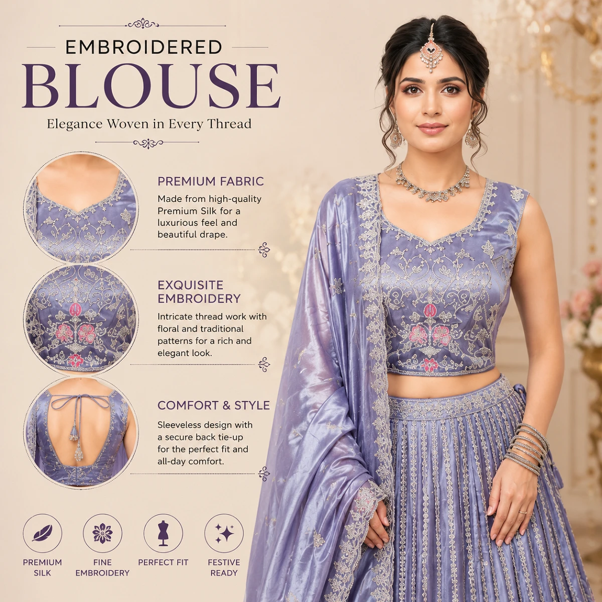 Preety Enterprise : Women’s Lavender Embroidered Lehenga Choli Set with Dupatta